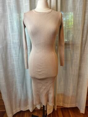 Princess Polly Beige Rib Knit Midi Bodycon Dress NWOT M/L